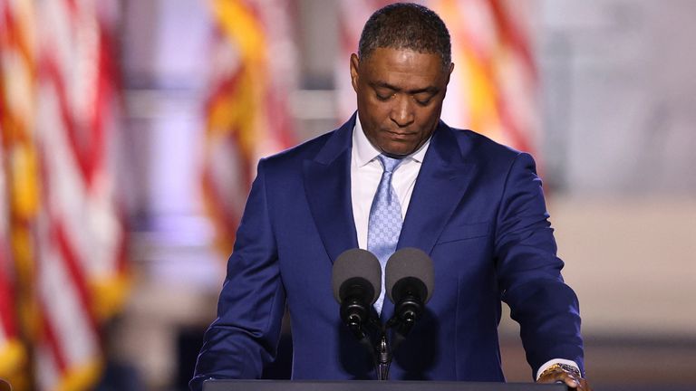 Cedric Richmond addresses attendees at the rally for U.S. Democratic presidential nominee Kamala Harris, at Howard University, in Washington, U.S., November 6, 2024. REUTERS/Mike Blake