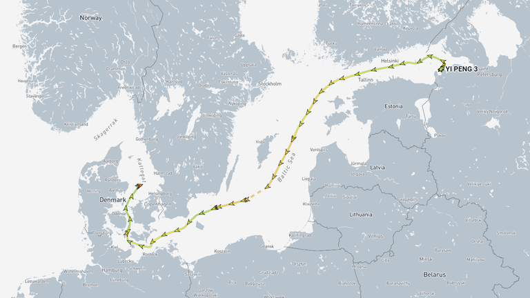 The Chinese-flagged vessel Yi Peng 3 travelled from a Russian port through the Baltic Sea. Picture - MarineTraffic