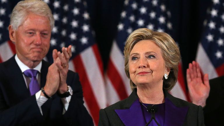 Democratic presidential candidate Hillary Clinton, supported by her husband Bill, during her concession speech to Donald Trump in 2016. Photo: Reuters