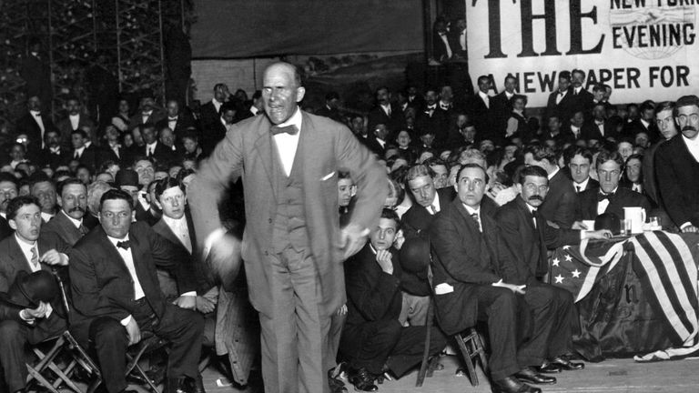 Eugene V. Debs, a member of the Socialist Party of the USA and presidential candidate, speaks to workers' union members at an undisclosed location in the USA on August 17, 1912. (AP Photo) --- Eugene V. Debs, a member of the Socialist Party of the United States, considered a presidential candidate, gives a speech to the workers' union, taken on August 17, 1912. (AP Photo)