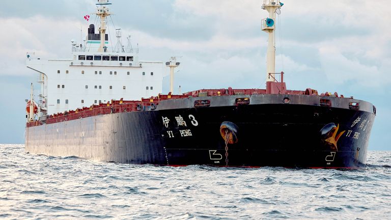 A view shows the Chinese ship, the bulk carrier Yi Peng 3, mid-sea in the Kattegat, Denmark.
Pic: Scanpix/Reuters