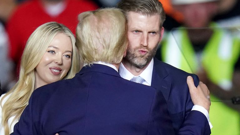 Donald Trump with son Eric and daughter Tiffany at a campaign rally earlier this month. Pic: AP 