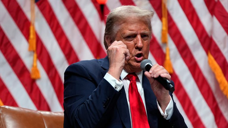 Republican presidential nominee former President Donald Trump speaks with Tucker Carlson during a Tucker Carlson Live Tour show at Desert Diamond Arena, Thursday, Oct. 31, 2024, in Glendale, Ariz. (AP Photo/Julia Demaree Nikhinson)


