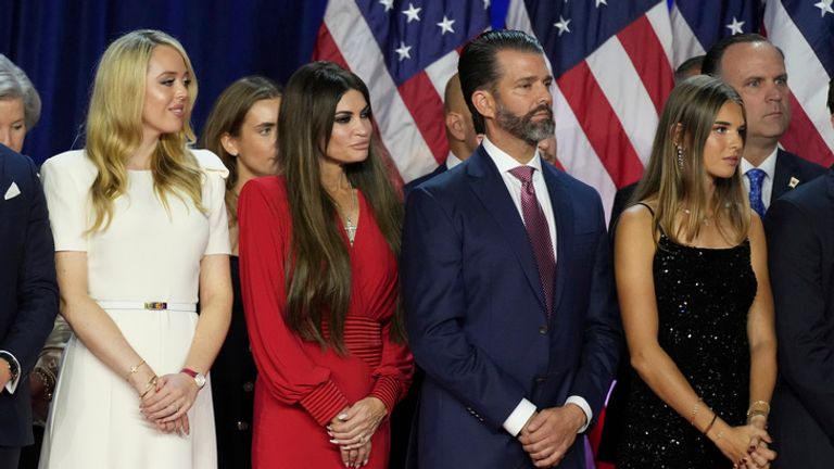 Donald Trump's daughter Tiffany, left,  appears on stage with Don Jr and his fiancee Kimberly Guilfoyle and teenage daughter Kai. Pic: AP