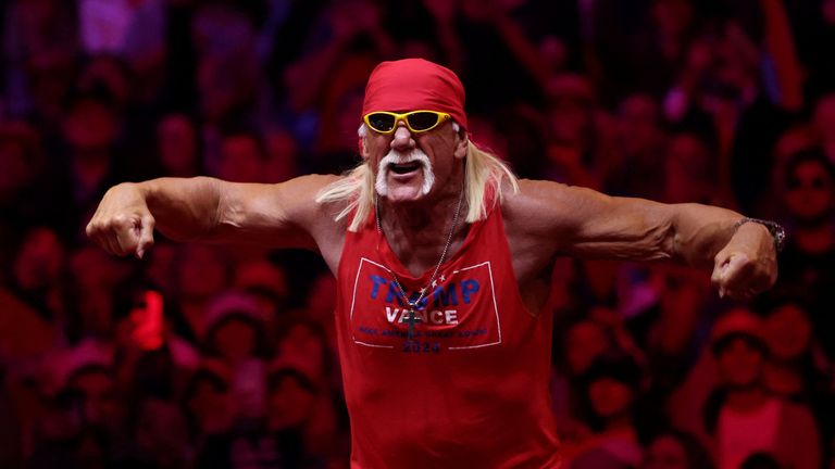 Hulk Hogan, professional entertainer and wrestler, gestures during a rally for Republican presidential nominee and former U.S. President Donald Trump at Madison Square Garden, in New York, U.S., October 27, 2024. REUTERS/Brendan McDermid
