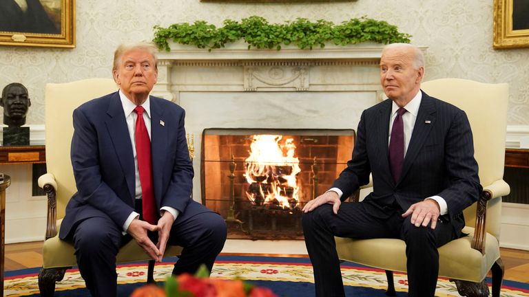 U.S. President Joe Biden meets with President-elect Donald Trump in the Oval Office at the White House in Washington, U.S., November 13, 2024. REUTERS/Kevin Lamarque