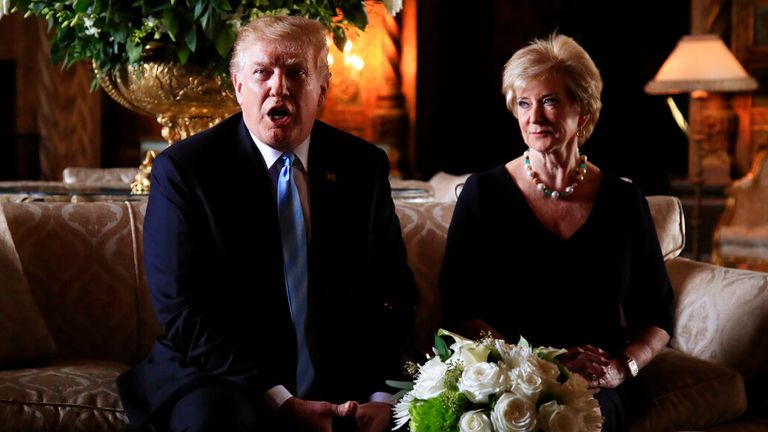 With Mr Trump for the announcement of her resignation from the Small Business Administration in 2019. Pic: AP