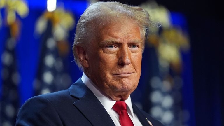 Republican presidential nominee former President Donald Trump arrives at an election night watch party at the Palm Beach Convention Center, Wednesday, Nov. 6, 2024, in West Palm Beach, Fla. Pic: AP