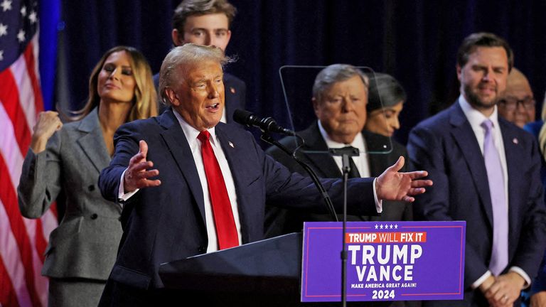 Republican presidential nominee and former U.S. President Donald Trump speaks following early results from the 2024 U.S. presidential election in Palm Beach County Convention Center, in West Palm Beach, Florida, U.S., November 6, 2024. REUTERS/Carlos Barria