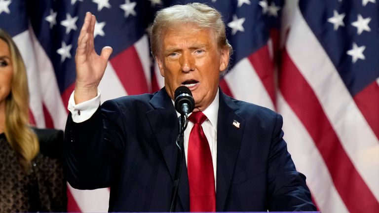 Republican presidential nominee former President Donald Trump speaks at an election night watch party, Wednesday, Nov. 6, 2024, in West Palm Beach, Fla. (AP Photo/Alex Brandon)