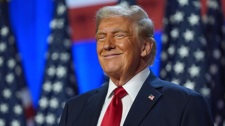 Republican presidential nominee former President Donald Trump smiles at an election night watch party at the Palm Beach Convention Center, Wednesday, Nov. 6, 2024, in West Palm Beach, Fla. (AP Photo/Evan Vucci)