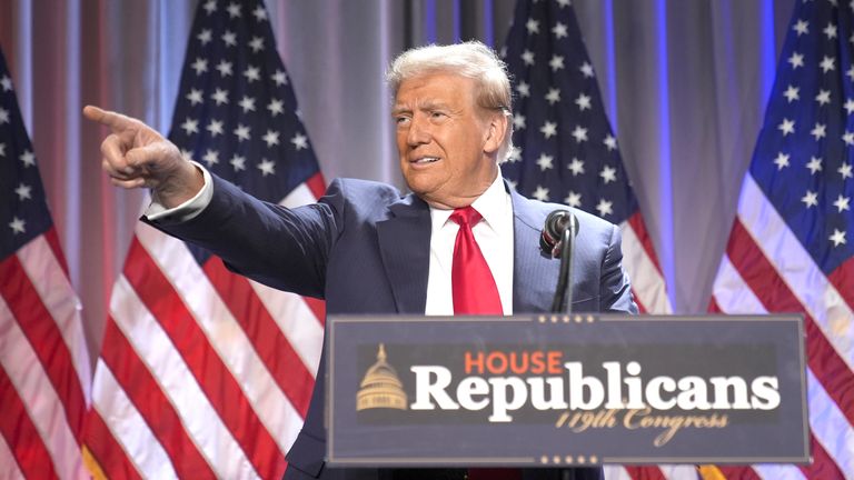 President-elect Donald Trump speaks as he arrives for a meeting with the House GOP conference, Wednesday, Nov. 13, 2024, in Washington. (AP Photo/Alex Brandon)