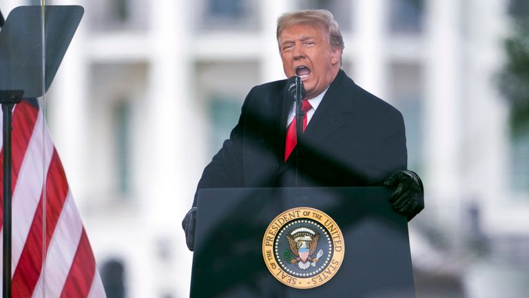 FILE - President Donald Trump speaks during a rally protesting the electoral college certification of Joe Biden as President in Washington, on Jan. 6, 2021. (AP Photo/Evan Vucci, File)