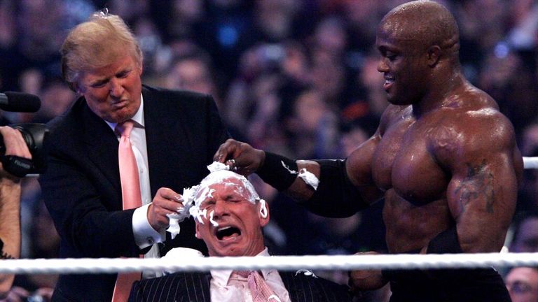 Donald Trump, wrestler Bobby Lashley, and Vince McMahon on Wrestlemania in 2007. Pic: AP