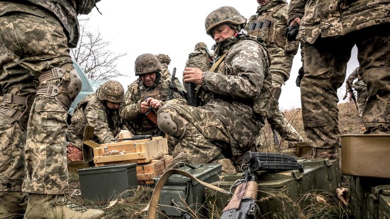 Members of the 24th Separate Mechanized Brigade named after King Danylo attend military exercises in Donetsk.
Pic: King Danylo Separate Mechanized Brigade/Reuters