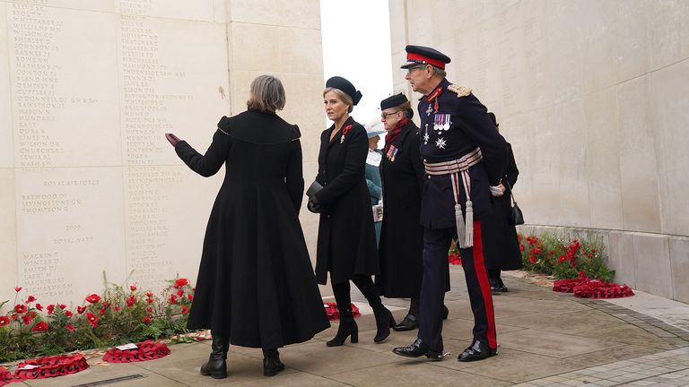 The Duchess of Edinburgh is shown the armed forces memorial.
Pic: PA