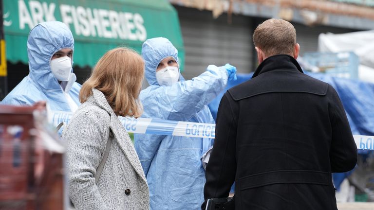 Police at the scene in East Street, Walworth, south London, following a fatal stabbing. Officers were called at around 10.40am on Sunday with reports of a number of people stabbed. Three people were found with injuries, and one man died at the scene. A man in his 60s has been arrested. Picture date: Sunday November 10, 2024. PA Photo. See PA story POLICE Walworth. Photo credit should read: James Weech/PA Wire 