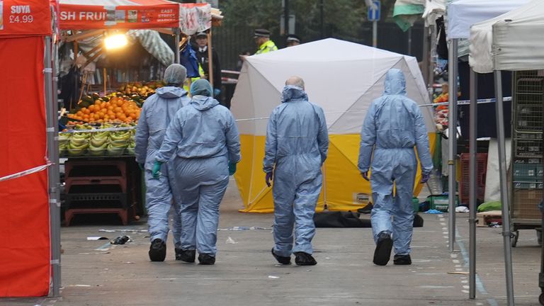 Police at the scene in East Street, Walworth, south London, following a fatal stabbing. Officers were called at around 10.40am on Sunday with reports of a number of people stabbed. Three people were found with injuries, and one man died at the scene. A man in his 60s has been arrested. Picture date: Sunday November 10, 2024. PA Photo. See PA story POLICE Walworth. Photo credit should read: James Weech/PA Wire 