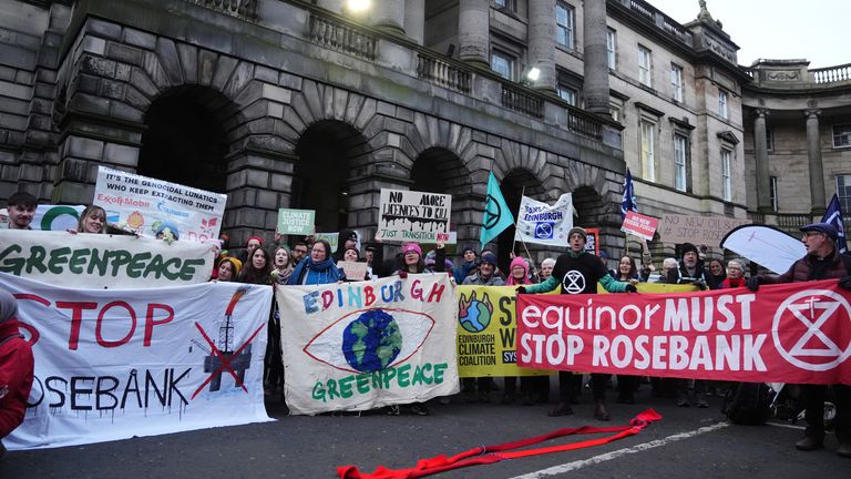 Climate activists from Greenpeace and Uplift during a demonstration outside the Scottish Court of Session, Edinburgh, on the first day of the Rosebank and Jackdaw judicial review hearing. Picture date: Tuesday November 12, 2024.