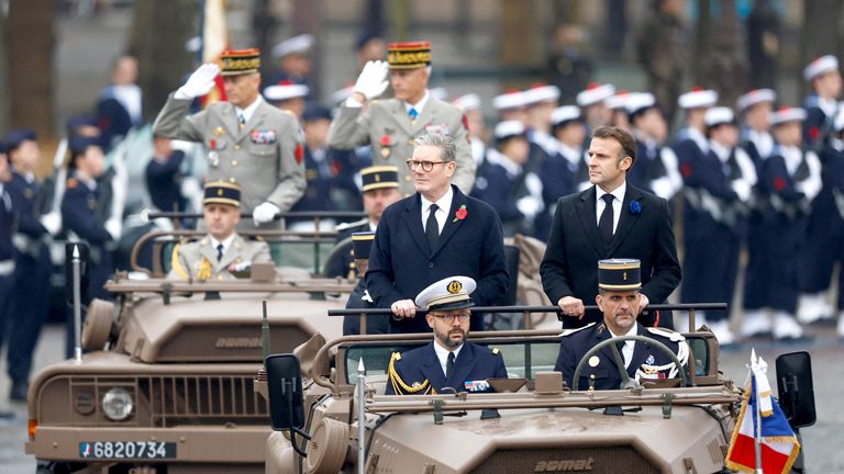 Emmanuel Macron and  Keir Starmer attend  commemorations during Armistice in Paris.
Pic: Reuters