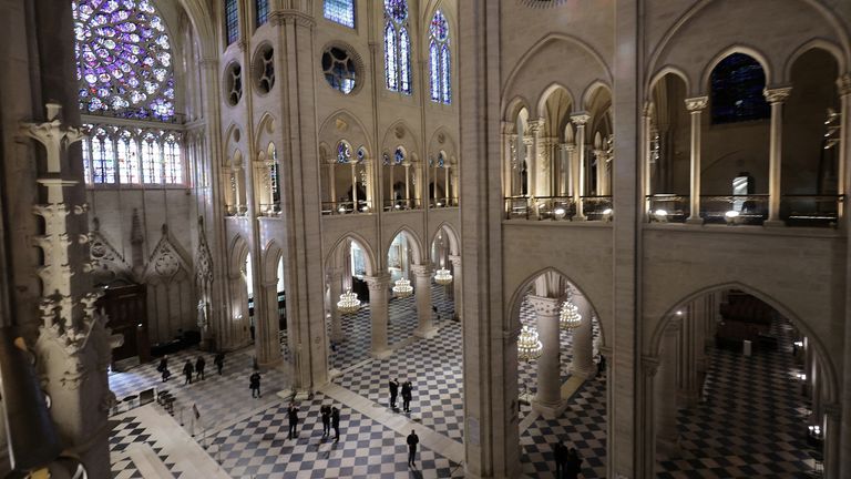 A general view of Notre-Dame de Paris cathedral during a visit by French President Macron, in Paris, France, 29 November 2024. French President Macron is visiting the cathedral's construction site on 29 November, to thank the donors and people who worked to rebuild the monument after it was severely damaged in a fire that broke out on 15 April 2019. The Paris Cathedral will be officially inaugurated after nearly six years of renovation work on 07 December 2024. CHRISTOPHE PETIT TESSON/Pool via R