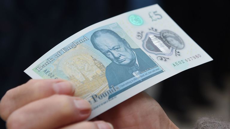 The new polymer ..5 note featuring Sir Winston Churchill, is unveiled at Blenheim Palace in Oxfordshire. PRESS ASSOCIATION Photo. Picture date: Thursday June 2, 2016. The new fiver will be issued in September, and in a break from the current paper notes it will be printed on polymer, a thin flexible plastic film, which is seen as more durable and more secure. See PA story MONEY Banknote. Photo credit should read: Joe Giddens/PA Wire