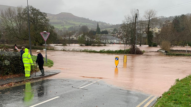 Flooding in Llangattock, Powys. Pic: Christopher Sullivan