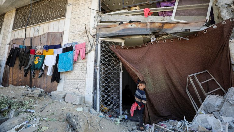 A displaced Palestinian boy in Gaza City. Pic: Reuters
