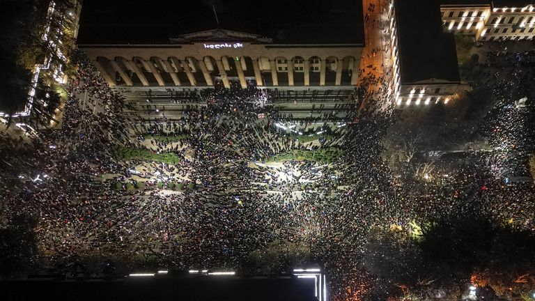 Demonstrators rallied outside the parliament building. Pic: AP