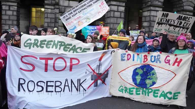 Climate activists from Greenpeace and Uplift during a demonstration outside the Scottish Court of Session, Edinburgh, on the first day of the Rosebank and Jackdaw judicial review hearing. Picture date: Tuesday November 12, 2024.