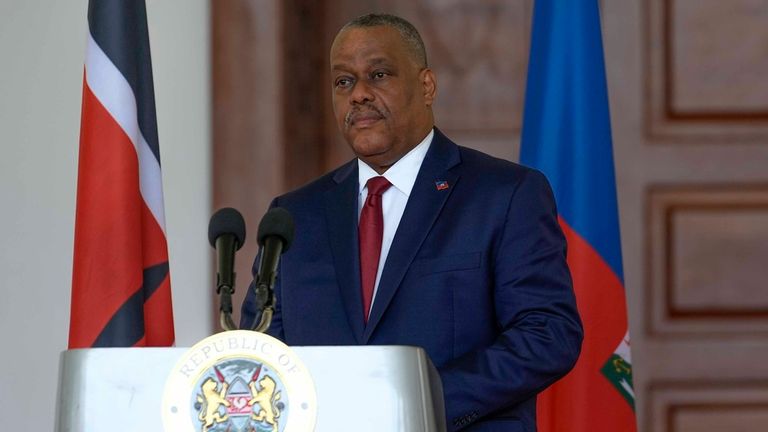 FILE - Haiti Prime Minister Garry Conille speaks during a joint press conference with Kenya's President William Ruto at the State House in Nairobi, Kenya, Oct. 11, 2024. (AP Photo/Brian Inganga, File)