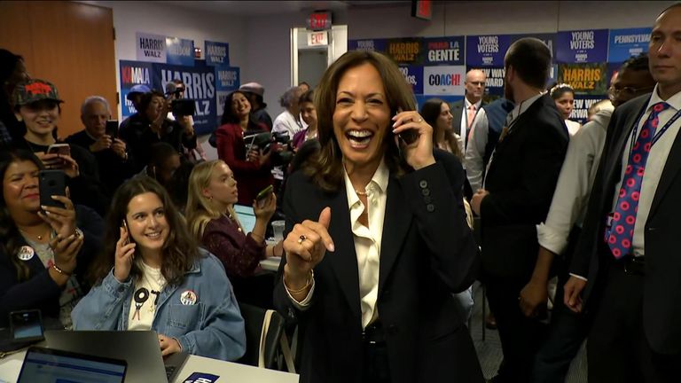 Vice President and Democratic statesmanlike  campaigner  Kamala Harris speaks to voters connected  the phone, hours earlier  polls close.