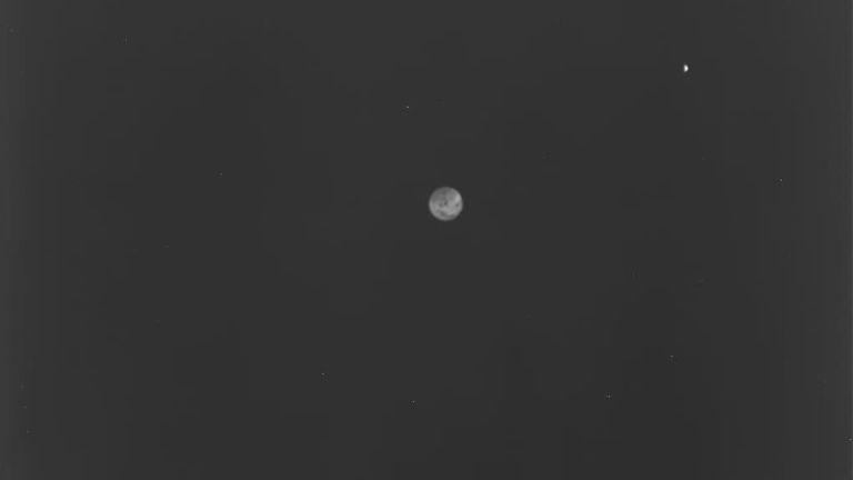 Hera’s Thermal Infrared Imager (TIRI) instrument captured this image of Earth and the Moon from a distance of approximately 1.4 million kilometres. Pic: European Space Agency