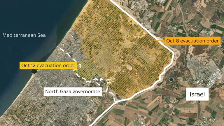 Three evacuation order maps posted by IDF between 1-29 October online and UN maps of Gaza's official administrative boundaries.