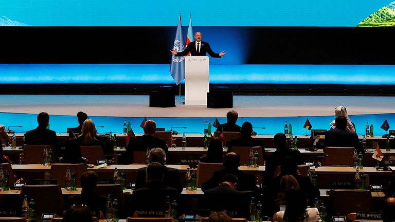 President of Azerbaijan Ilham Aliyev speaks at the Opening Ceremony of the United Nations climate change conference COP29 in Baku, Azerbaijan November 12, 2024. REUTERS/Maxim Shemetov