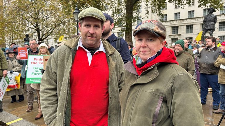 Huw and Jen Ellis from Welshpool run a 1,500-acre beef and sheep farm, speaking at a protest in central London over changes to inheritance tax 