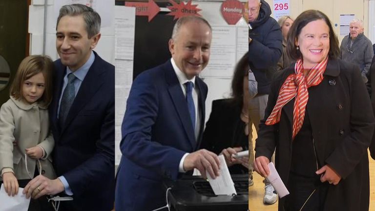 Irish election: Simon Harris, Micheal Martin and Mary Lou McDonald vote in  Irish election | News UK Video News | Sky News