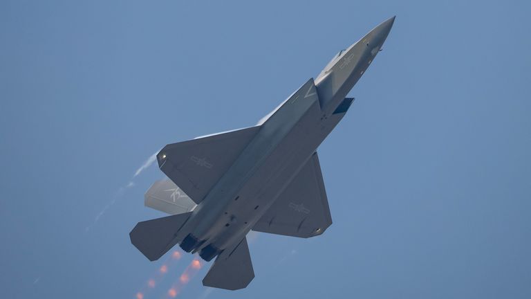 A J-35A stealth aircraft flies during the exhibition. Pic: Reuters