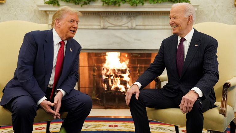 U.S. President Joe Biden meets with President-elect Donald Trump in the Oval Office at the White House in Washington, U.S., November 13, 2024. REUTERS/Kevin Lamarque