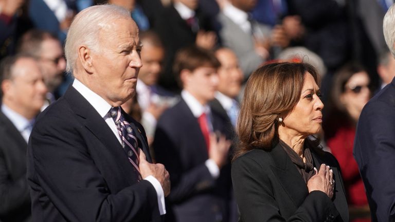 U.S. President Joe Biden and Vice President Kamala Harris take part in a wreath laying ceremony at the Tomb of the Unknown Soldier in Arlington National Cemetery on Veterans Day in Arlington, Virginia, U.S., November 11, 2024. REUTERS/Kevin Lamarque