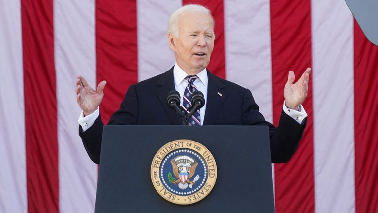 U.S. President Joe Biden speaks during the National Veterans Day Observance in Arlington National Cemetery in Arlington, Virginia, U.S., November 11, 2024. REUTERS/Kevin Lamarque