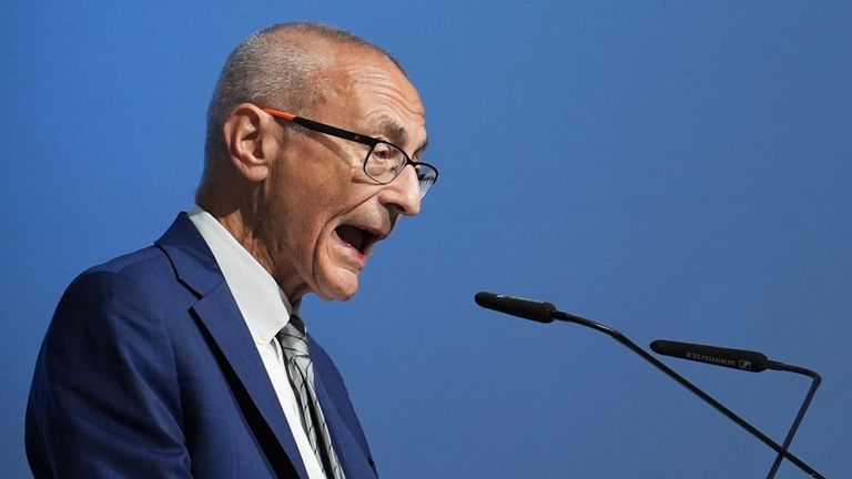 John Podesta, U.S. climate envoy, speaks during a news conference at the COP29 U.N. Climate Summit, Monday, Nov. 11, 2024, in Baku, Azerbaijan. (AP Photo/Joshua A. Bickel)