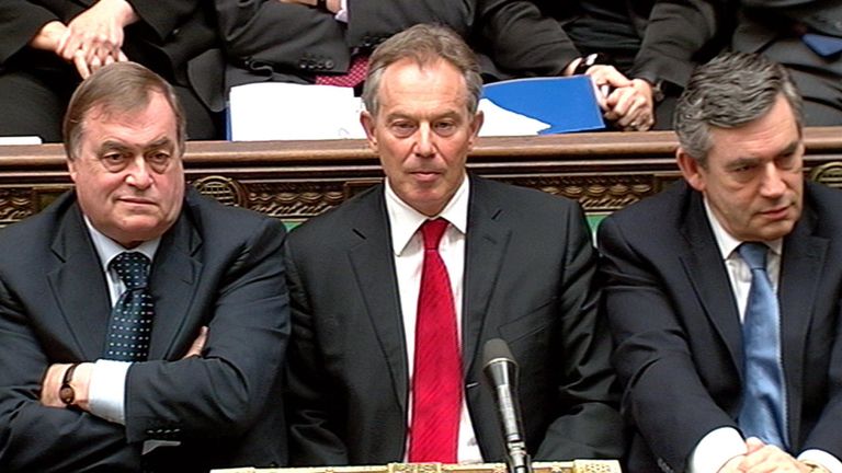 File photo dated 27/07/07of deputy prime minister John Prescott and Chancellor Gordon Brown sitting with Prime Minister Tony Blair during his final Prime Minister's Questions in the House of Commons, Central London. Former deputy prime minister John Prescott has died aged 86 following a battle with Alzheimer's, his family has announced. Issue date: Thursday November 21, 2024.