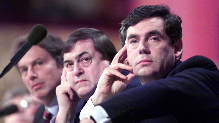 (L-R) Blair, Prescott and Brown at the Labour Party conference in 1998.
Pic: PA