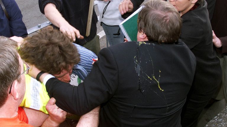 File photo dated 16/05/01 of deputy prime minister John Prescott being surrounded by protesters after he was hit by an egg as he arrived at the Little Theatre, in the North Wales seaside resort of Rhyl where he was to address a Labour Party rally. Former deputy prime minister John Prescott has died aged 86 following a battle with Alzheimer's, his family has announced. Issue date: Thursday November 21, 2024.