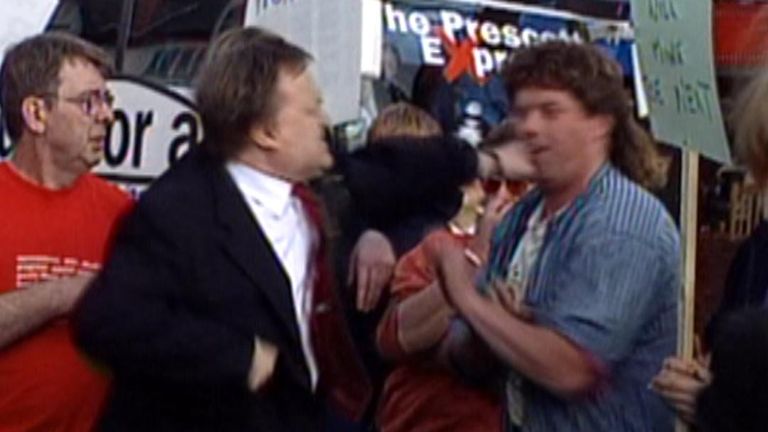 John Prescott responds to being egged by a protester with a left jab