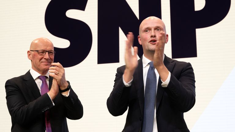 SNP Westminster leader Stephen Flynn (right) delivers his speech during the SNP's annual national conference at the Edinburgh International Conference Centre. Photo date: Saturday August 31, 2024.