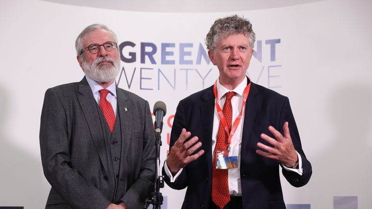 Former Sinn Fein president Gerry Adams and Labour adviser Jonathan Powell. Pic: PA