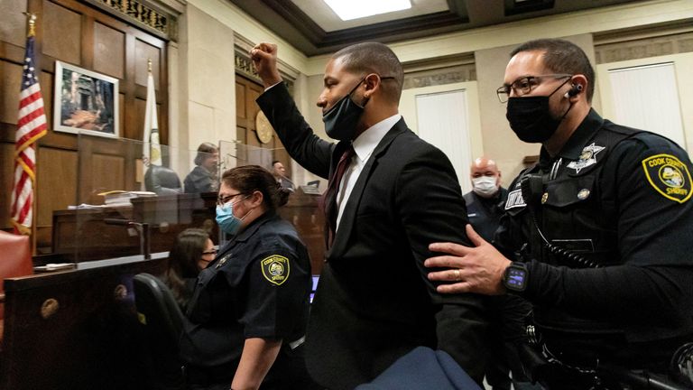 Actor Jussie Smollett is led out of the courtroom after being sentenced to jail time at the Leighton Criminal Court Building, in Chicago, Illinois, U.S., March 10, 2022. Brian Cassella/Pool via REUTERS TPX IMAGES OF THE DAY