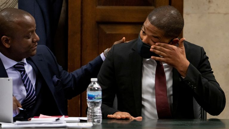 Actor Jussie Smollett wipes away tears after his grandmother testified at his sentencing hearing at the Leighton Criminal Court Building, in Chicago, Illinois, U.S., March 10, 2022. Brian Cassella/Pool via REUTERS